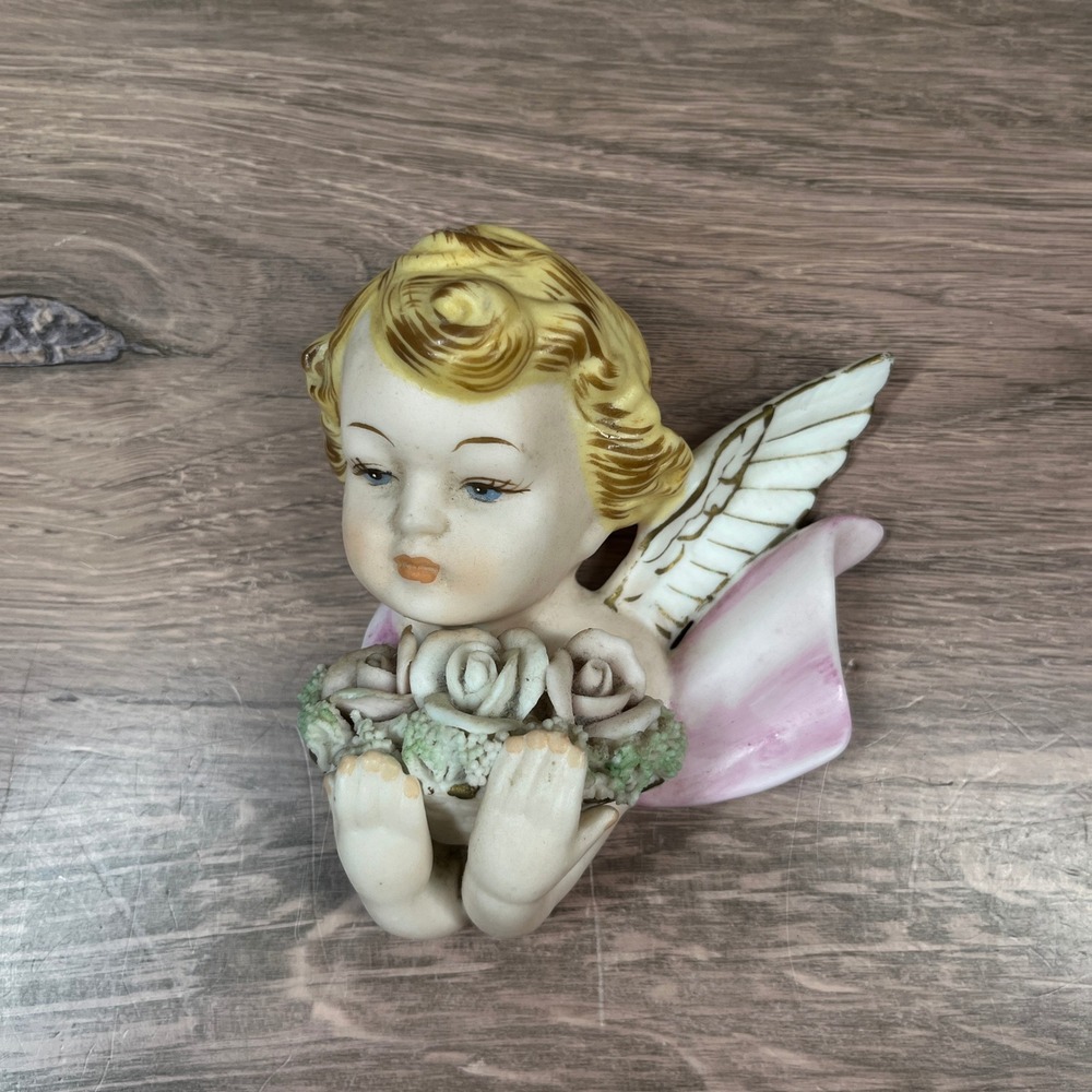 Norcrest Angel Wall Pocket Figurine Pink Blonde Roses Japan Vintage 1950s